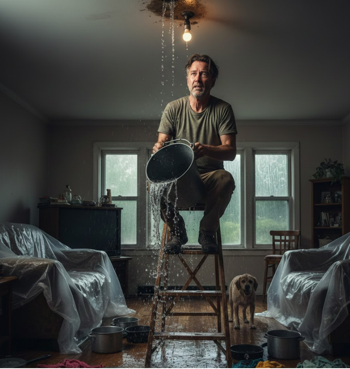 Man on ladder catches ceiling leak with a bucket. Water drips onto him and the floor. A dog looks on.