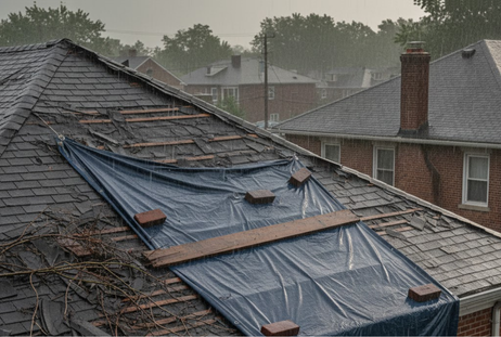Damaged roof covered by blue tarp in rain, with surrounding houses in the background.