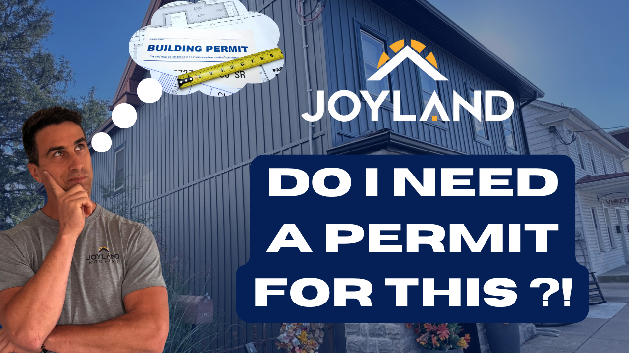 Man pondering building permit in front of a house. Text: 