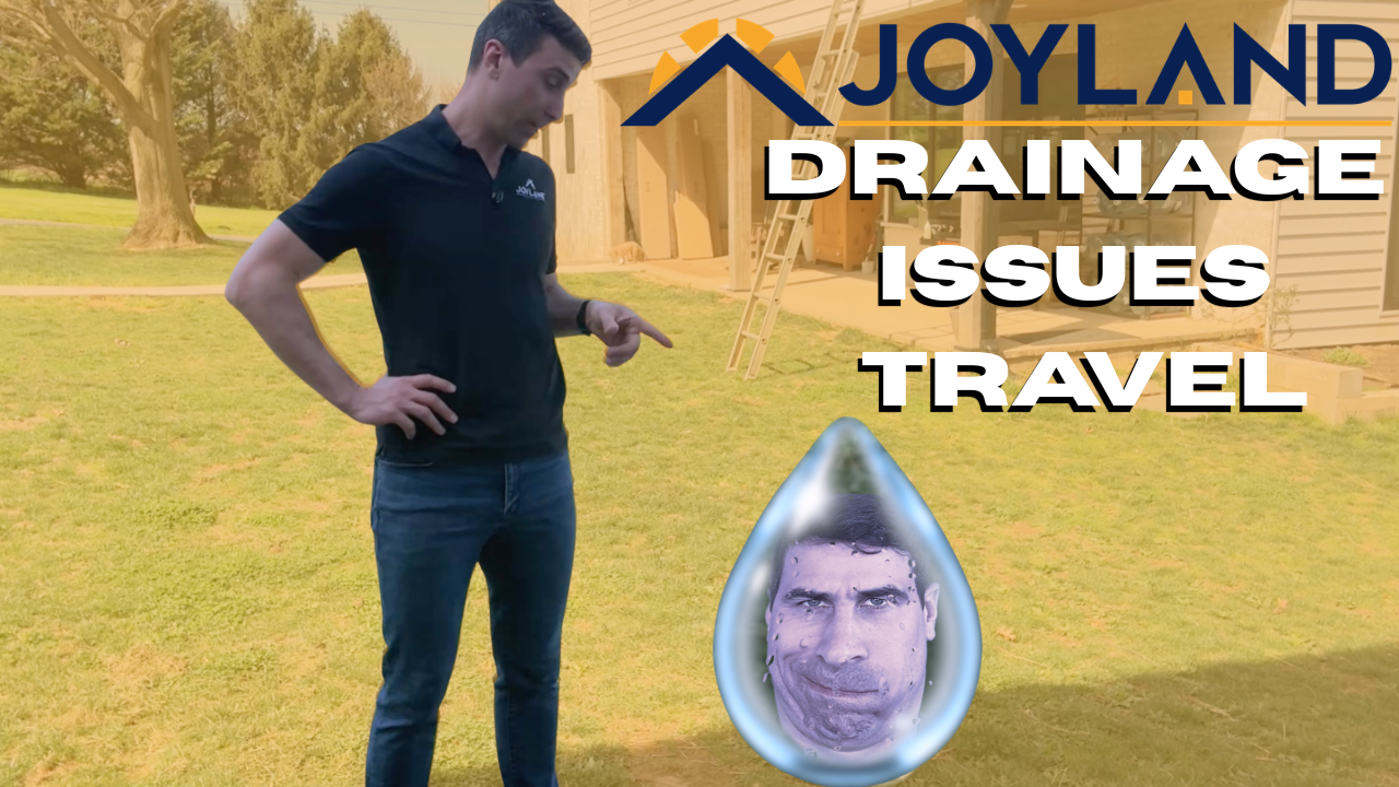 Man standing on a grassy field beside a thumbnail with text: “JOYLAND DRAINAGE ISSUES TRAVEL”