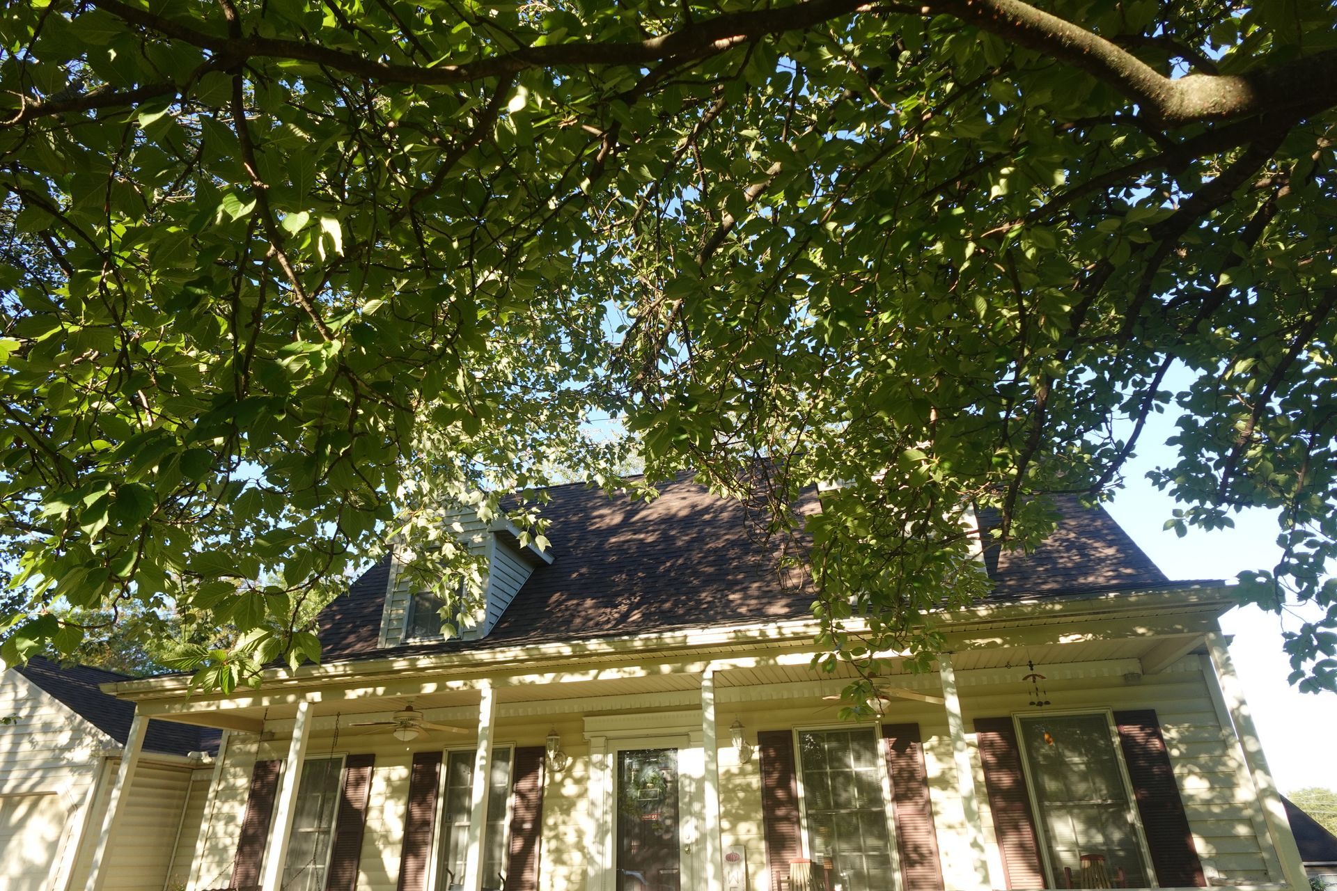 A two-story house with a porch, seen from below, framed by tree branches and leaves.