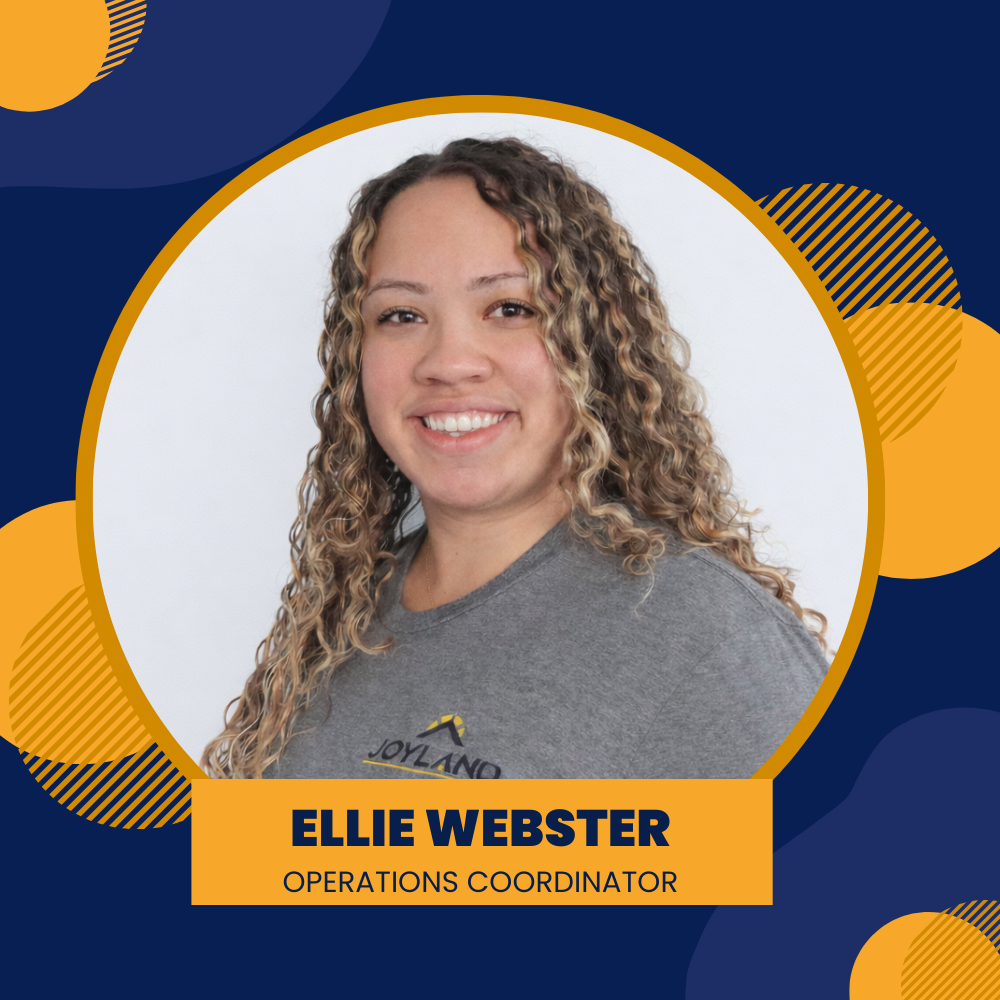 Joyland Roofing logo with text and a roof symbol. Ellie Webster, Operations Coordinator.