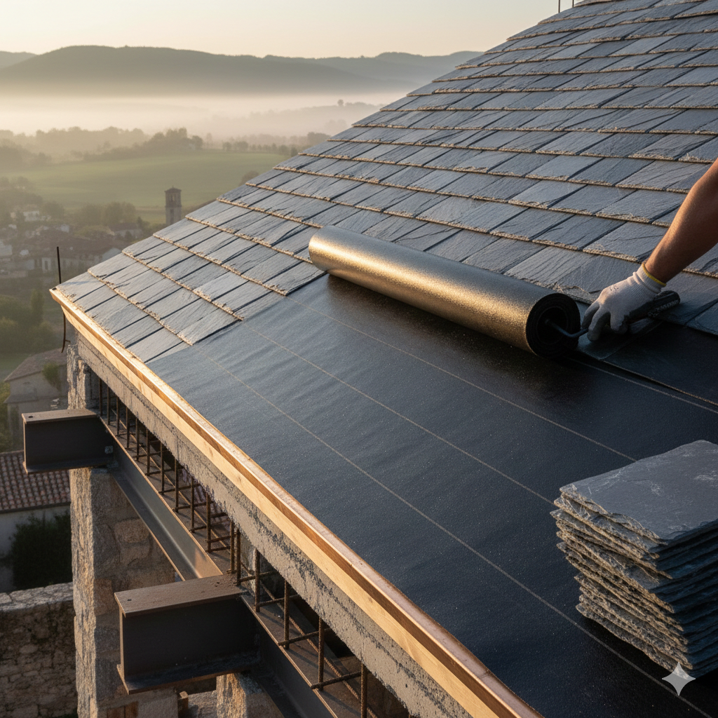 Person installing roofing material; hands wearing gloves laying black roll on gray surface.