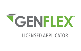 Genflex logo with gray text and a green diamond shape above; 