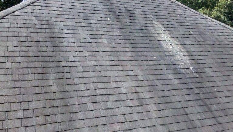 Gray asphalt shingle roof, with areas of discoloration and light.