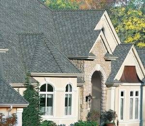 House exterior with gray shingle roof, arched doorway, and windows with cream-colored siding and stone facade.