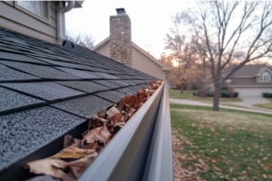 Gutter filled with leaves on a house roof, with a yard and trees in the background.