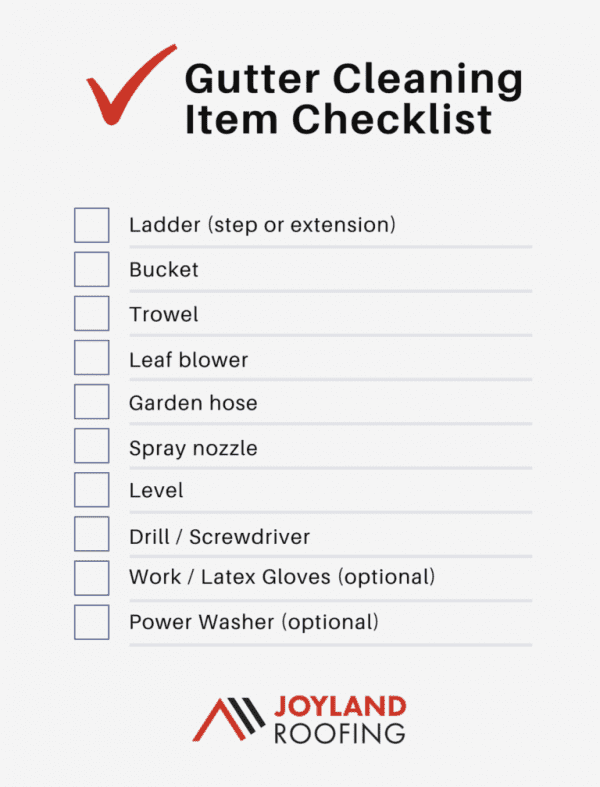 Gutter cleaning checklist with tools including ladder, gloves, blower, hose, and power washer.