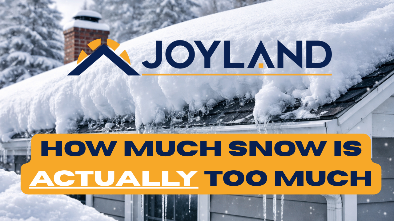 Snow-covered roof with text: 