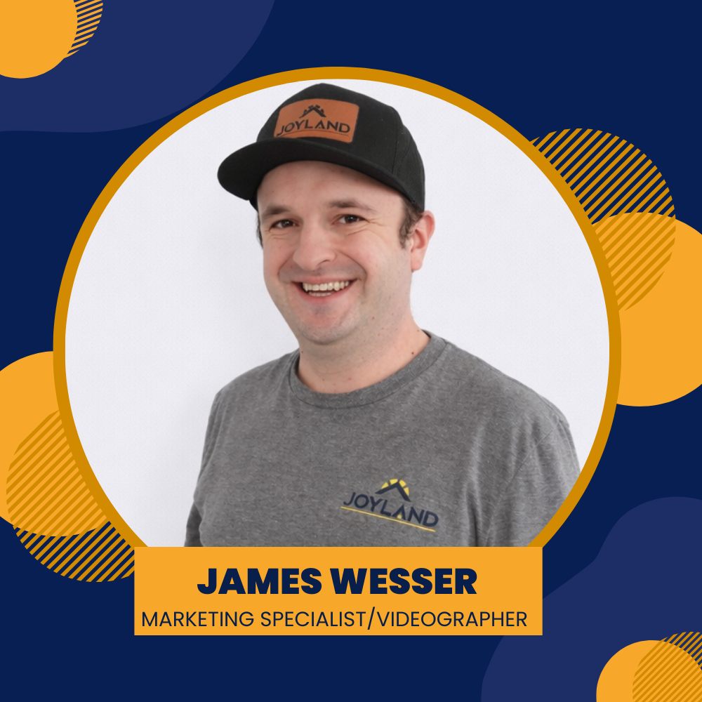 Joyland Roofing logo with blue and orange accents. White circle with roof graphic, company name, and James Wesser title.