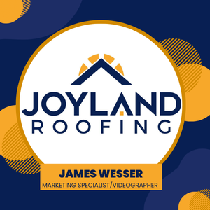 Joyland Roofing logo with blue and orange accents. White circle with roof graphic, company name, and James Wesser title.