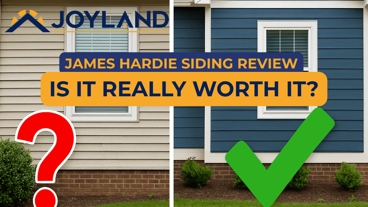 Comparison of two houses with different siding, one tan with a red question mark, and one blue with a green checkmark.