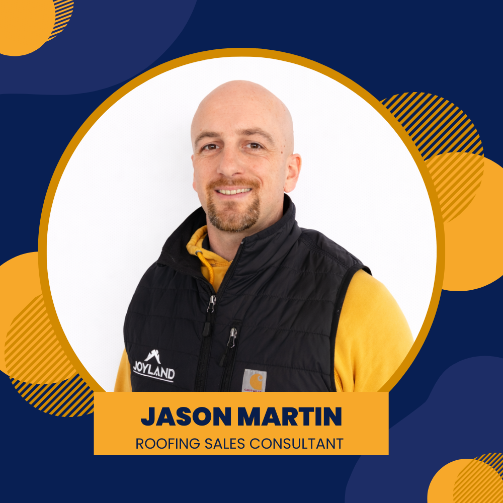 Jason Martin, roofing sales consultant. Bald man wearing a red shirt, smiling. Surrounded by yellow and blue shapes.