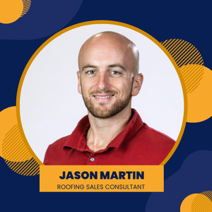 Jason Martin, roofing sales consultant. Bald man wearing a red shirt, smiling. Surrounded by yellow and blue shapes.