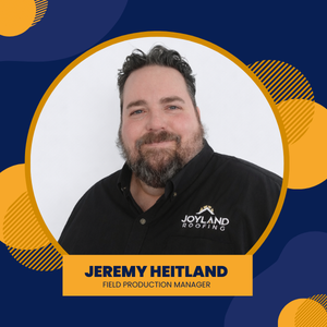 Logo for Joyland Roofing: white circle with blue text, roof icon, and orange accents; Jeremy Heitland, Production Manager.