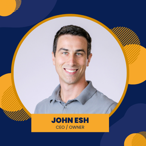 John Esh, CEO/Owner, smiling in a circular portrait with blue and orange background elements.