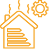 Gold house with rising steam, efficiency rating, and gear icon.