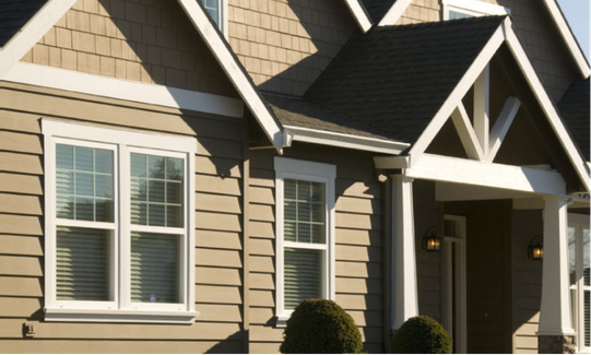 Side view of a house with light siding, dark roof, and blue sky. Two windows are visible.
