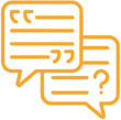 Two interconnected orange speech bubbles with quotes and a question mark.