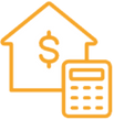 Orange house icon with dollar sign and calculator.
