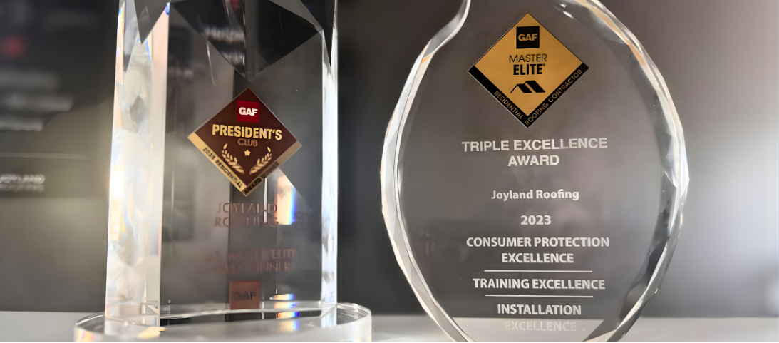 Two clear glass awards, one rectangular and one oval, with gold-colored labels.