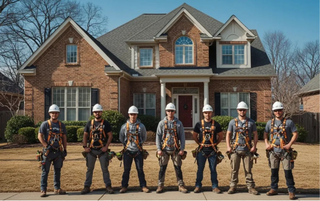 Group of roofers in harnesses stand in front of a brick house. They wear hard hats and tool belts.