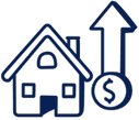 House icon with upward arrow over dollar sign, representing rising property value.