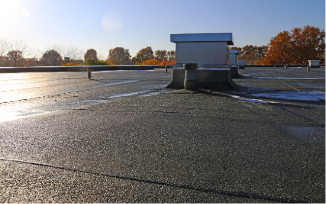 Black tar roof with small metal structures, trees, and blue sky.