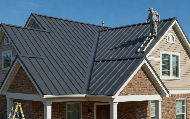 Man on ladder on dark metal roof, working on a house with brick and siding.