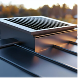 Metal roof with vent, sunlit, with rows of dark slats.