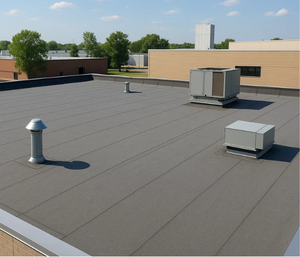 Flat commercial roof with vents and HVAC units. Blue sky in the background.