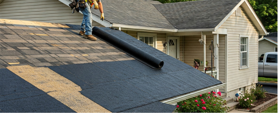 Roofer rolls out a black underlayment on an asphalt shingle roof. A house is in the background.