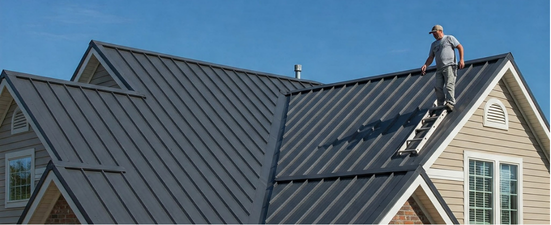 Person on ladder inspecting dark gray metal roof on a house, clear blue sky.