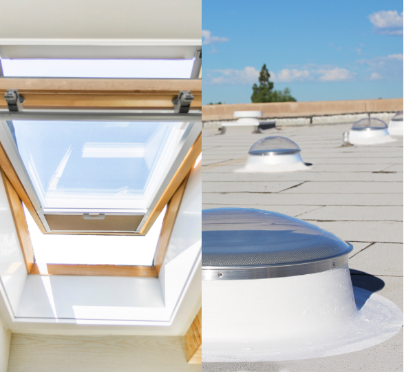 Three skylights in a white ceiling with exposed beams; each has a black shade.
