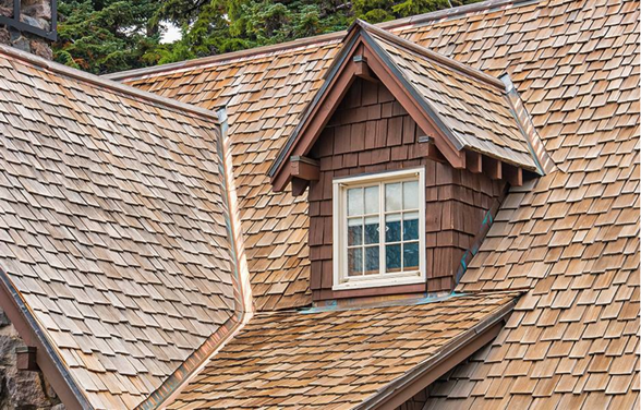 Gray shingled roof with a turret, tan walls, and arched window frame against a blue sky.