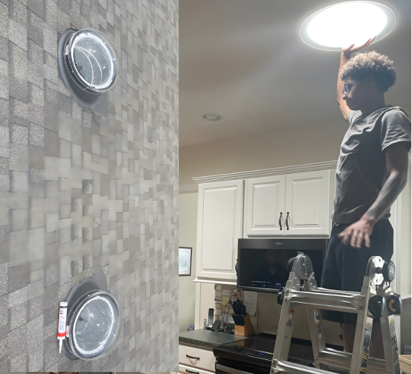 Wall with two round lights, person on ladder reaching up to a circular ceiling light in a kitchen.