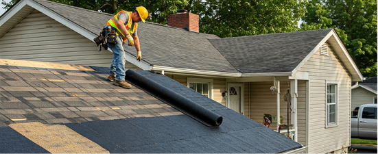 Person on ladder inspecting dark gray metal roof of a house on a clear, sunny day.
