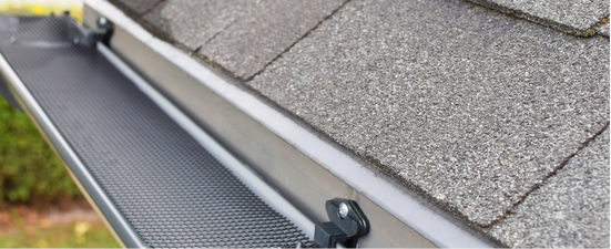 A close-up of a gutter with a mesh cover on a roof with grey shingles.