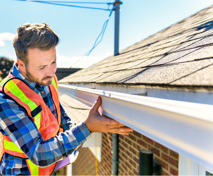 Overhead view of a roof under construction; workers, materials, and exposed layers of roofing.