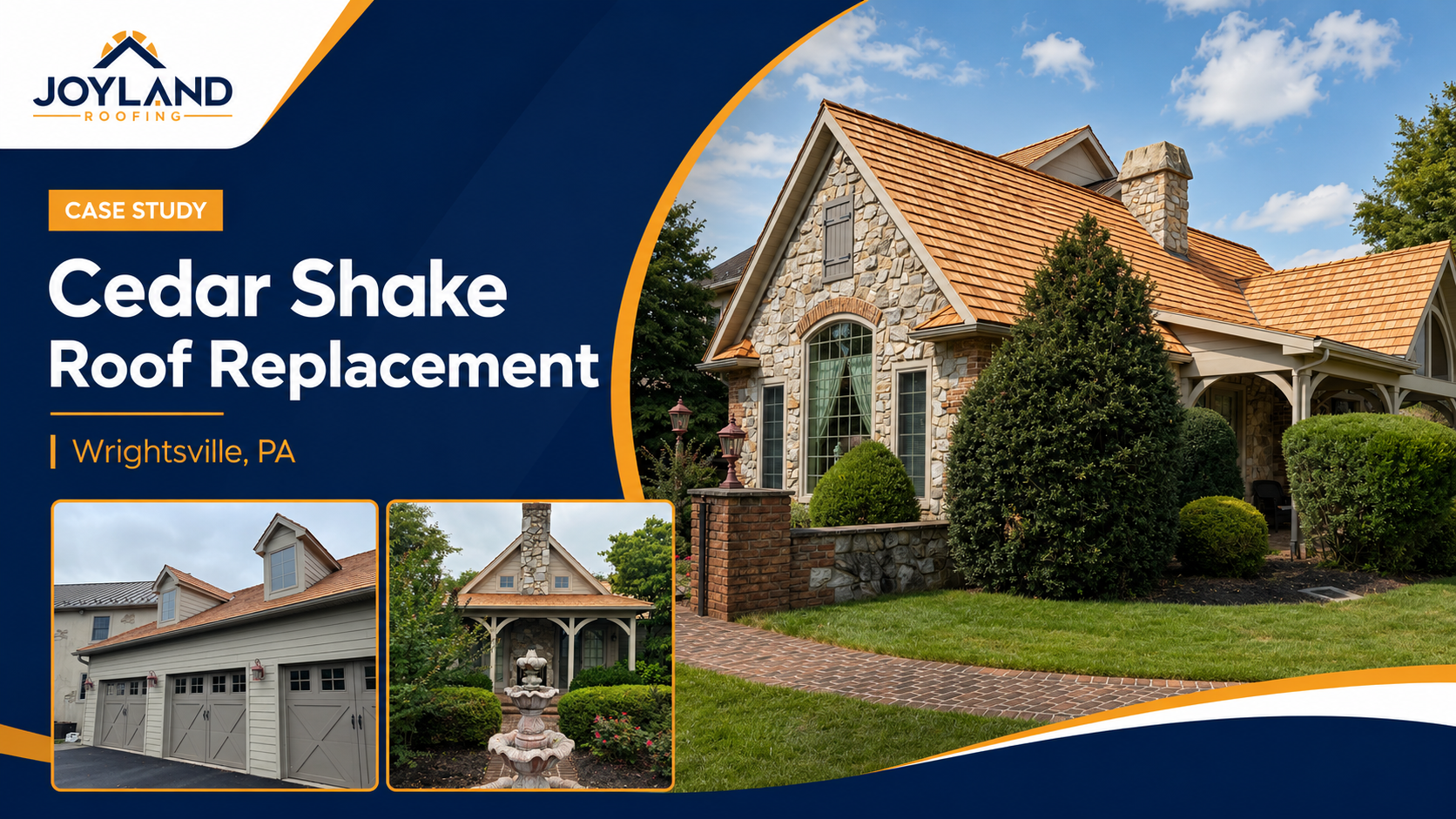 Joyland ad for cedar shake roof replacement with a stone home and brown shingle roof before-and-after views