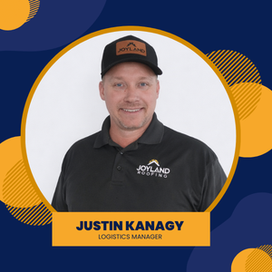 Logo for Joyland Roofing: white circle with blue orange accents. Includes roof  and name, plus name  of Justin Kanagy