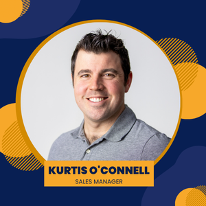 Kurtis O'Connell, Sales Manager, smiling in a circular frame with blue and yellow design elements.