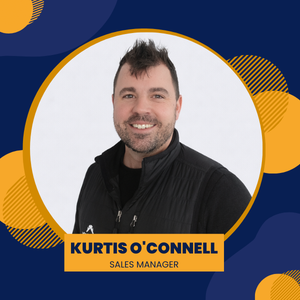 Kurtis O'Connell, Sales Manager, in a business portrait wearing a black vest, smiling inside a yellow circle.
