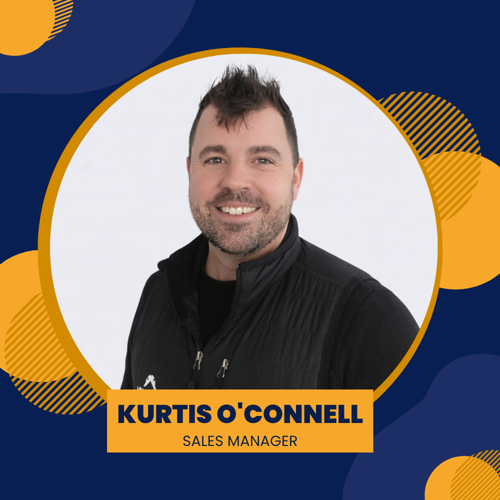Kurtis O'Connell, Sales Manager, in a business portrait wearing a black vest, smiling inside a yellow circle.