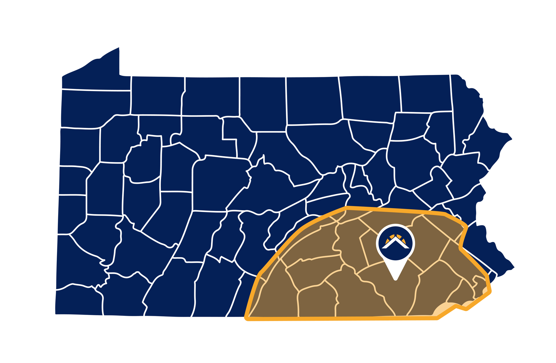 Map of Pennsylvania highlighting the southeastern region in brown. A pin marks a location within the highlighted area.