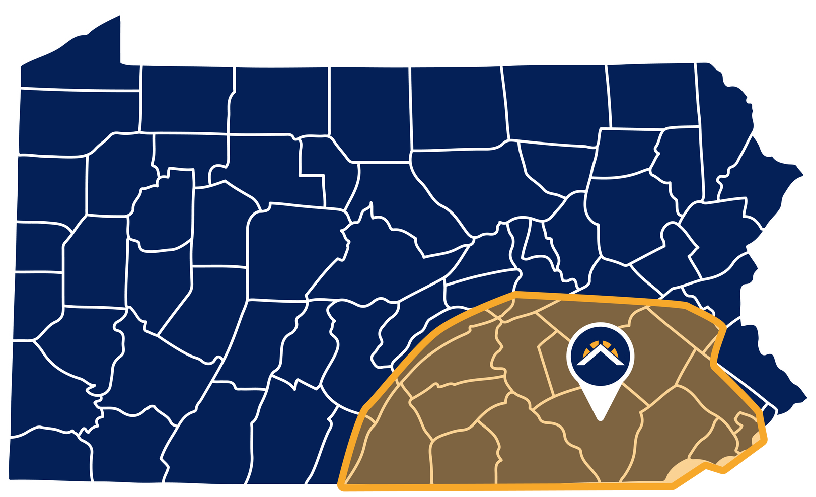 Map of Pennsylvania highlighting a region in tan. Pinpoint with mountain graphic.