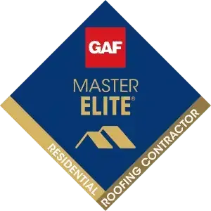 GAF Master Elite Residential Roofing Contractor badge in blue, gold, and red.