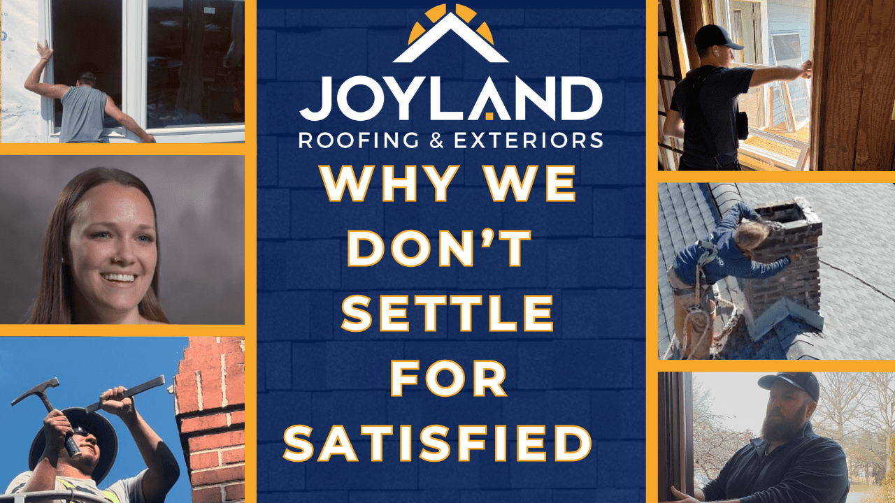 Joyland Roofing & Exteriors ad: people installing windows, roofs, and a chimney; tagline