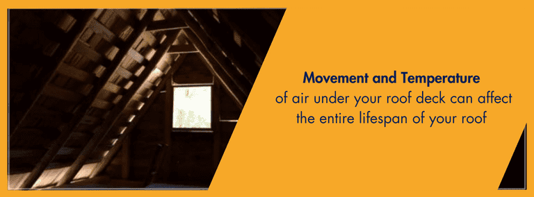 Interior of an attic with a window and text about air movement affecting roof lifespan.