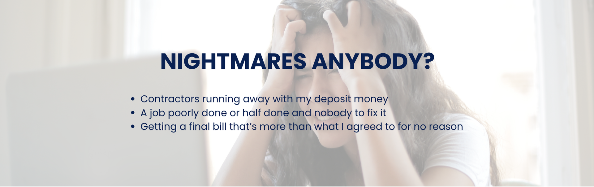 A woman with hands on her head, looking distressed. Text above: "NIGHTMARES ANYBODY?" Below, bullet points list issues.